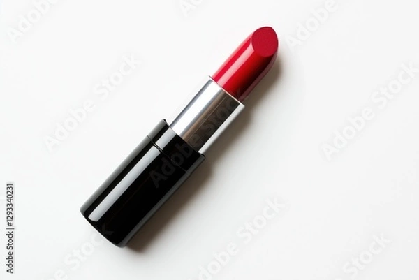 Fototapeta A red lipstick is shown on a white background. The lipstick is a bold red color and is placed upright on the surface. Concept of confidence and boldness