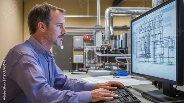 Obraz Engineer Reviewing Technical Plans On Computer System Designs using software programs, reviewing