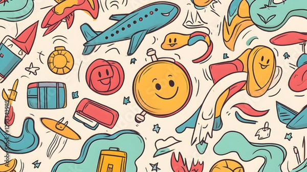 Fototapeta doodle art composition with tiny airplanes, luggage, smiling globes, and wavy adventure lines 