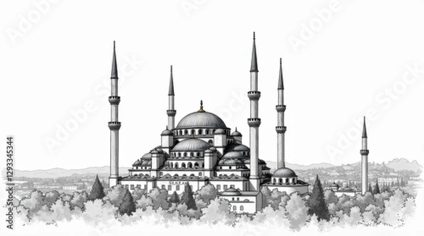 Obraz Detailed Black and White Illustration of the Selimiye Mosque