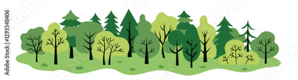 Fototapeta Green forest landscape. Trees background. Simple flat poster. Ecological theme