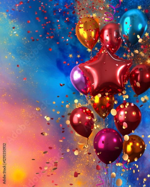 Fototapeta Multicolored bright balloons with ribbons, flying confetti, shiny tinsel, festive atmosphere, 3d rendering