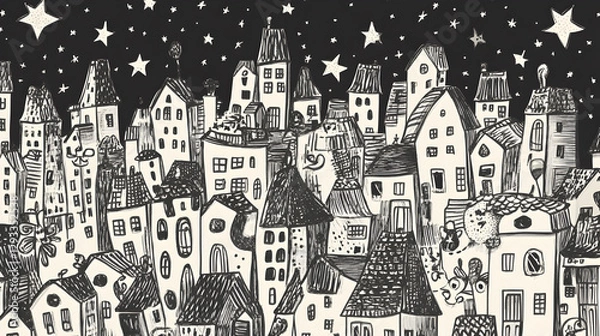 Fototapeta doodle art cityscape with tiny buildings, floating stars, and imaginative creatures peeking from the rooftops 