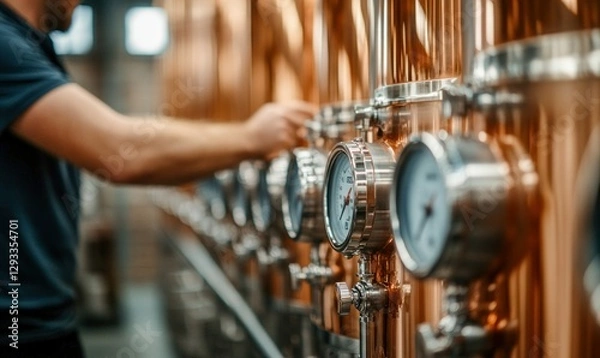 Obraz Micro-Distillery in Operation with Copper Stills and Distiller at Work