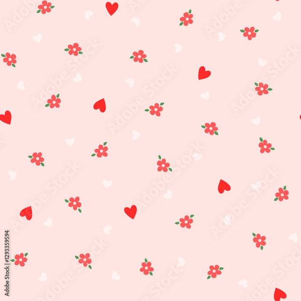 Obraz Vector illustration. Cute seamless pattern with flowers and hearts in pink tones. Floral pattern, girlish print for fabric, children's textile, wallpaper