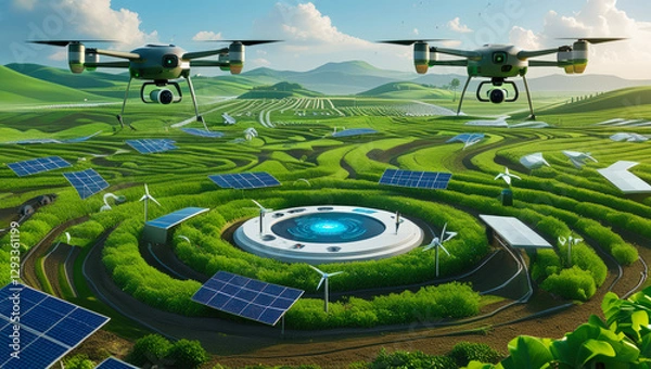 Fototapeta Futuristic Smart Farming with Drones and Solar Power  
