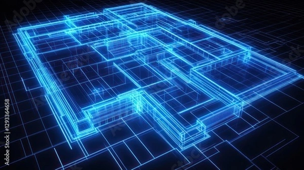 Fototapeta Digital blueprint, building design, 3D model, futuristic architecture, tech background, construction planning