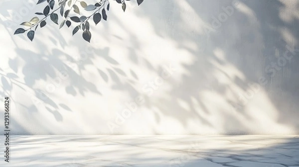 Fototapeta A simple, light background with soft leaf shadows on a pale wall and marble floor. Perfect for presentations.
