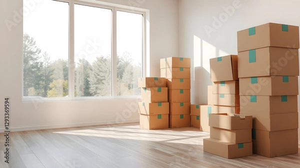 Obraz A bright, airy room is filled with numerous cardboard boxes of varying sizes, indicating a packing or moving scenario