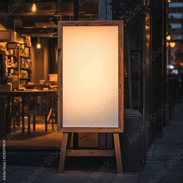 Obraz 夜のカフェを彩る、木製イーゼル看板