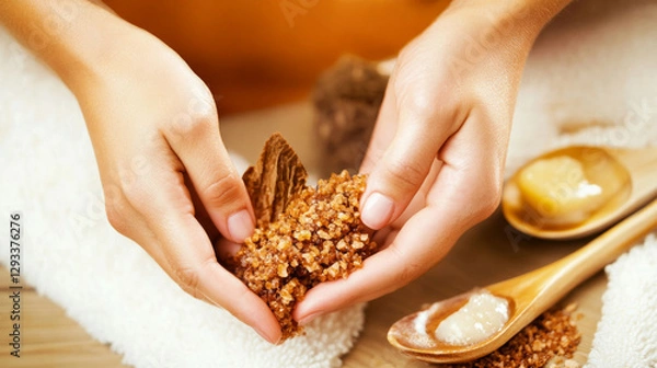 Fototapeta Close-up of hands holding a natural brown sugar body scrub, ready for exfoliation. Wooden spoons with honey and essential oils enhance the scene, creating a warm and inviting spa experience. 