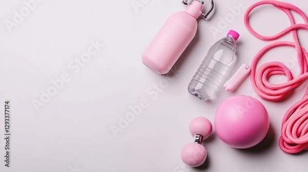 Fototapeta Flat lay of yoga essentials, top-view minimalist workout gear arrangement.

