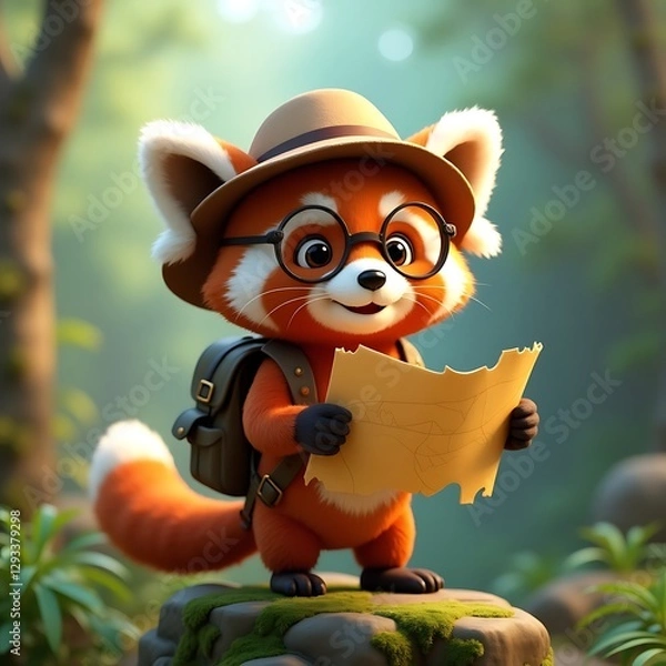Fototapeta Adventurous Red Panda with Map