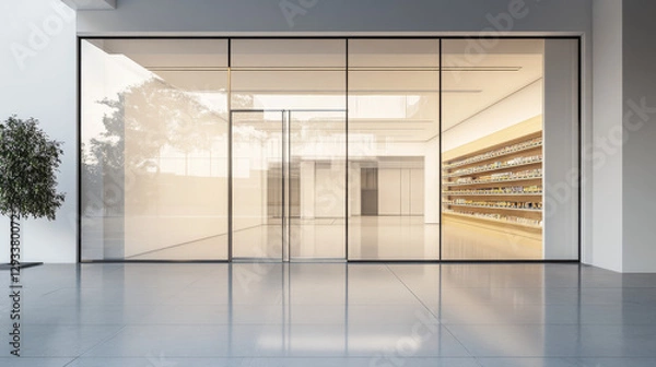 Fototapeta 3d front glass window and door in store mockup. Realistic empty office or storefront showroom boutique building facade with light from lamp. Vitrine with reflection in supermarket illustration
