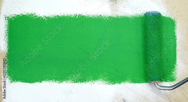 Obraz Painting a rough wall with roller. Paint roller leaving stroke of green color over a rustic background. usable for text and messages. Green background.