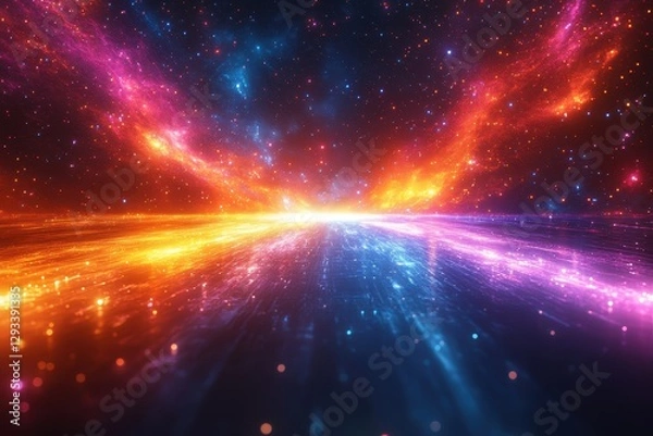 Fototapeta Vibrant cosmic landscape with swirling colors and glowing lights in a vast expanse