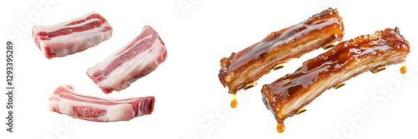 Obraz  Set of a Pork belly pieces floating in the air, isolated on transparent background.