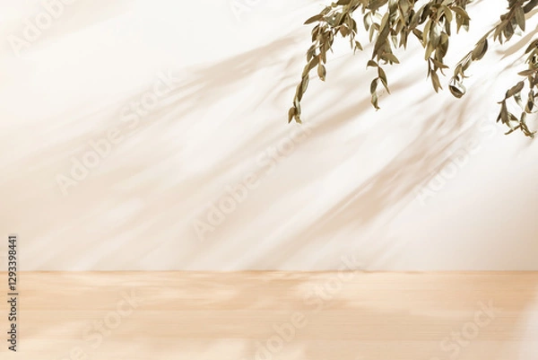 Obraz Horizontal blank warm lighting background. Blank wallpaper with leaf foreground. White and Wooden surface. Light and Shadow wallpaper. Space for text. Backdrop. Studio photography. Sunshine. Elegant.
