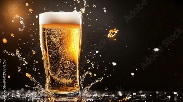 Fototapeta Refreshing beer splashing in a glass against a dark background, highlighting the golden color and bubbles
