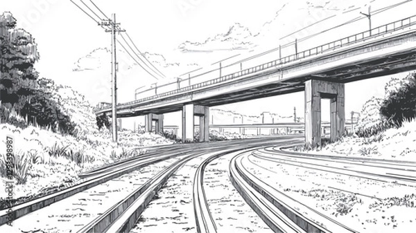 Obraz The image is a monochrome illustration or sketch depicting a railway line crossing over an elevated roadway. The style is highly linear, with detailed rendering of the railway tracks, bridge