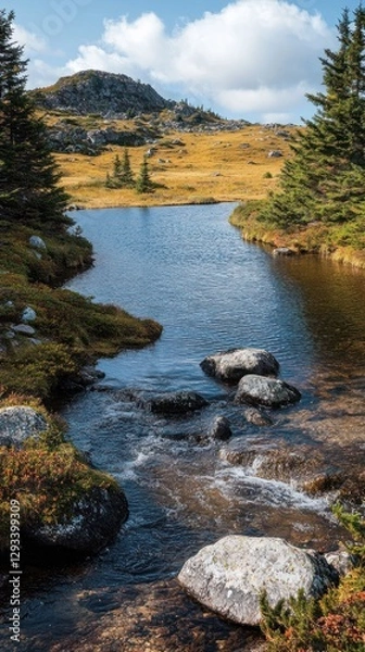 Fototapeta Serene mountain stream flows into a calm lake, surrounded by autumnal foliage and rocks under a partly cloudy sky.