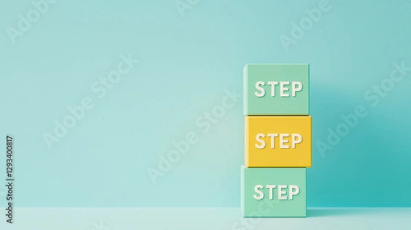 Fototapeta ミントグリーンと黄色のSTEP積み木が表す成長過程 | 爽やかミント背景