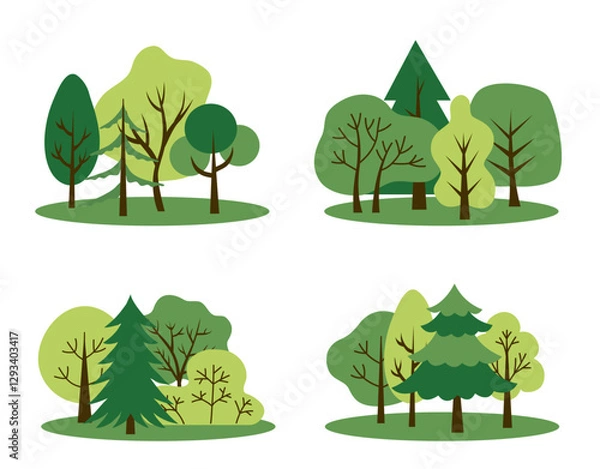 Fototapeta Vector trees set, isolated on a white background. Simple and flat design. Elements for a poster, banner, or card. Forest landscape. Trees icons 