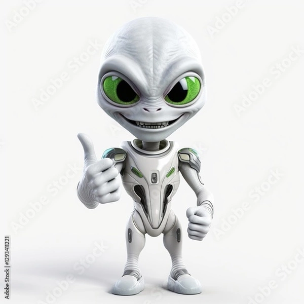 Fototapeta 3d small alien is thumbs up and smiling. white background. ai generated
