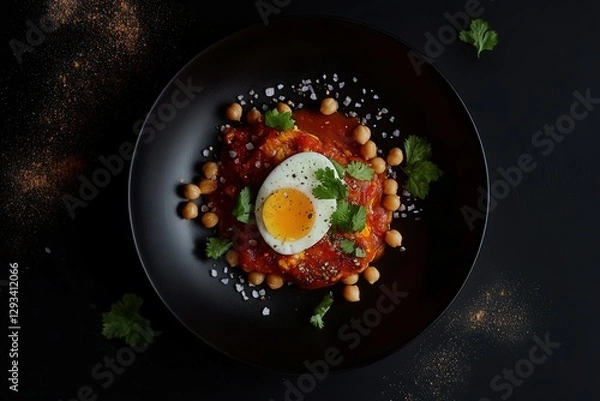 Fototapeta A beautifully arranged shakshuka with chickpeas, tomato sauce, halved egg, and fresh cilantro on a matte black plate. The components are meticulously aligned in a geometric pattern.