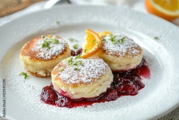 Obraz Winter cottage cheese pancakes with orange zest, cranberry sauce, and powdered sugar. A festive and cozy dish perfect for the holiday season.