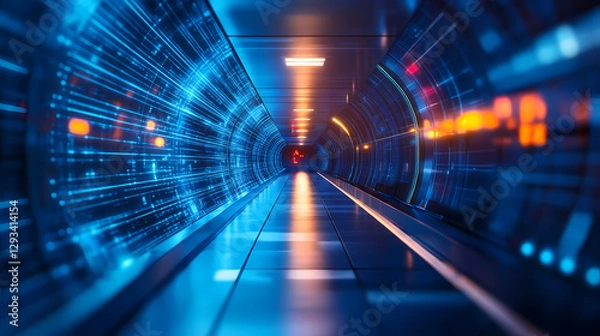 Obraz Sci-fi corridor with blue and orange lighting