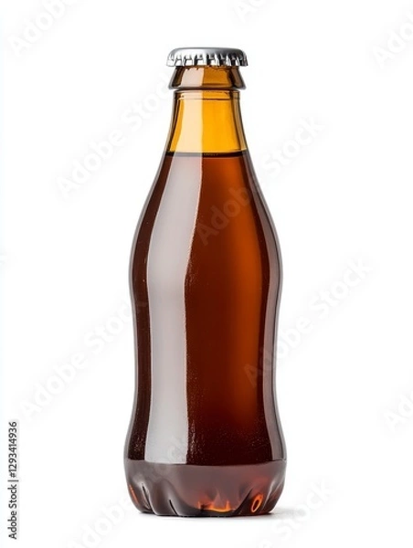 Fototapeta Amber glass bottle of soda or beer with a metallic cap, photographed against a white background. The bottle is full, showing the liquid inside