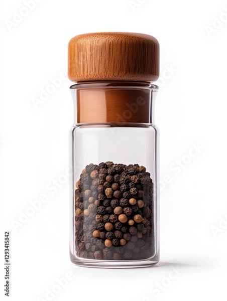 Fototapeta Black and brown peppercorns in a clear glass jar with a light brown wooden lid against a white background