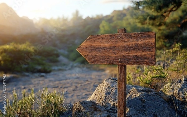 Fototapeta Wooden directional signpost in mountain landscape at sunrise