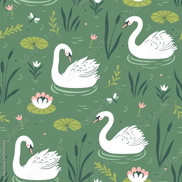 Obraz Seamless pattern with white swans on a pond. Vector graphics.