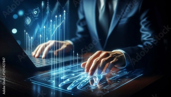 Fototapeta  Businessman Using Futuristic Digital Tablet – Innovation, Technology & Data Analytics.