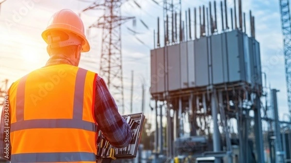 Fototapeta Worker in reflective vest and hard hat standing in front of large electrical transformer, symbolizing power restoration and infrastructure maintenance, holding toolkit with focused expression.