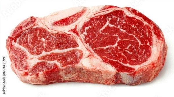 Fototapeta Raw ribeye steak on a white background. Fresh meat with fat for grilling or cooking.
