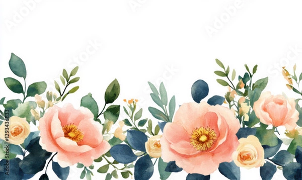 Fototapeta Pretty Floral watercolour background banner, could be used as a website header, greeting cards, social media, space for text