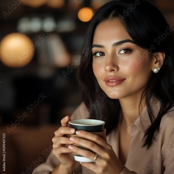 Fototapeta Elegant Woman with Coffee: Soft Lighting, Warm Tones