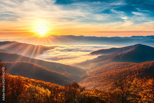 Fototapeta Panoramic View of Mountain Ridges with Golden Sunlight and Misty Valleys

