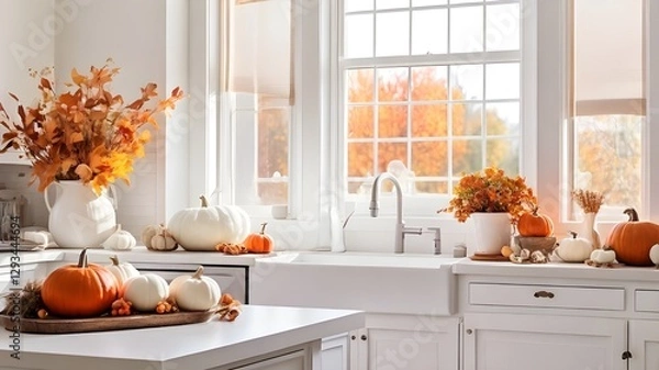 Obraz Bright white kitchen with autumn decor and pumpkins, natural window light
