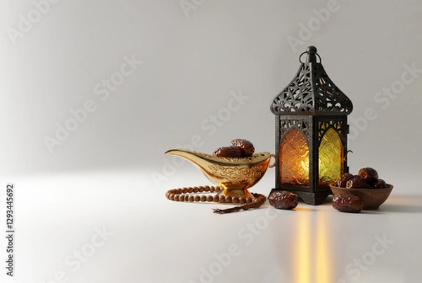 Fototapeta Ramadan food and drinks concept. Ramadan Lantern with arabian lamp, wood rosary, dates fruit and lighting on white background