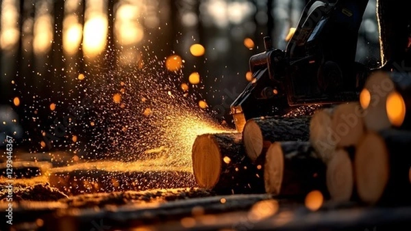 Fototapeta A chainsaw cutting through logs, creating sparks and sawdust, with a warm sunset background. Concept Chainsaw Action, Sunset Backdrop, Logs and Woodworking, Sparks and Sawdust, Outdoor Carpentry