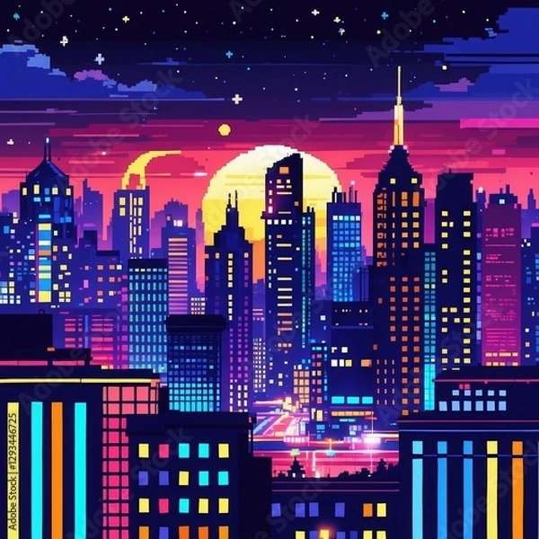 Fototapeta Pixel art cityscape at sunset. Colorful buildings and city lights glow under moon and stars. Night urban scenery of building tops.