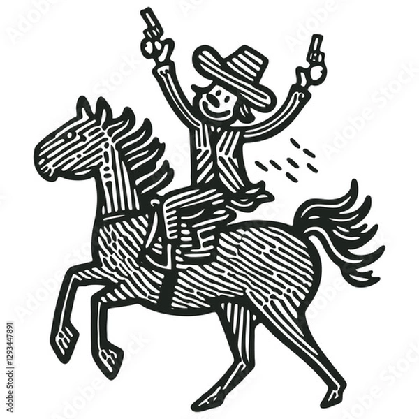 Fototapeta Vector illustration of a cartoon cowboy riding a horse with guns up.  Black and white, vintage style.  Ideal for western designs.
