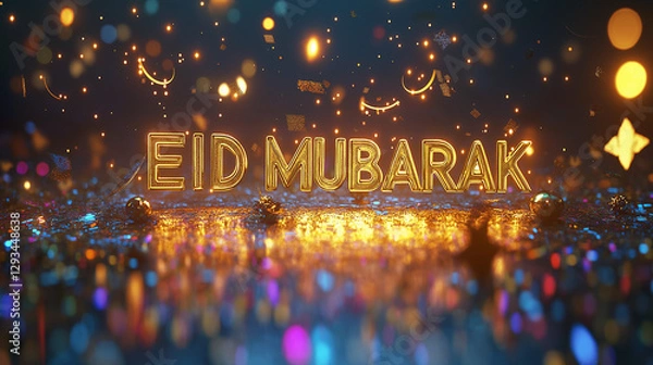 Fototapeta Glowing Golden Eid Mubarak Festive Celebration Design Abstract Background Shiny Sparkling Lights Bokeh Effect Bright Holiday Greeting Card 3D Render Illustration Digital Art Graphic Festive Party     
