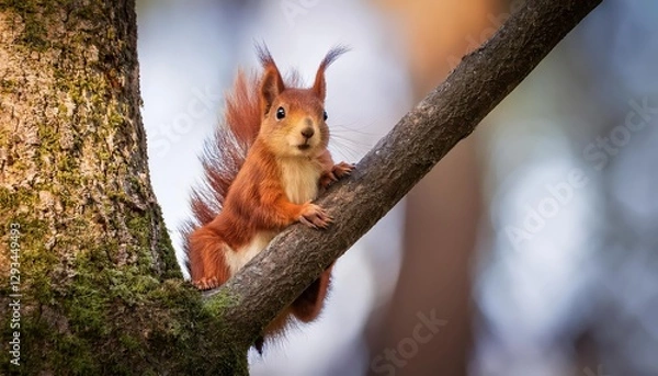 Obraz Curious Red Squirrel Perched on Tree Bark, Capturing a Whimsical Moment in the Forests Winter Glow