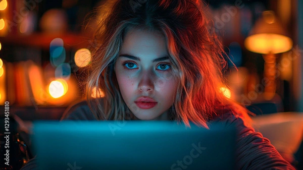 Fototapeta Beautiful university student is writing her thesis on a laptop at night, sitting at home at table, focusing on her research. Preparing for final exam, studying.