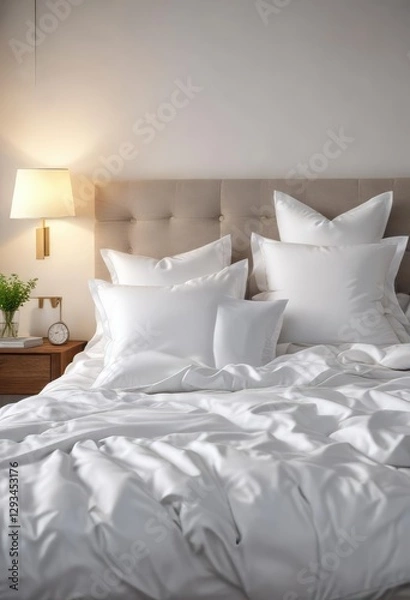 Fototapeta White pillows in various shapes and sizes creating a stylish display on a white bed, fashionable, pillow arrangement, design, modern